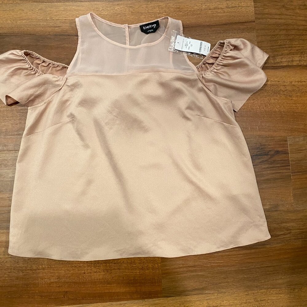 π HOST PICK π Bebe Ruffle Short Sleeve Cold Shoulder Satin Top Size 12 NWT - Picture 9 of 11